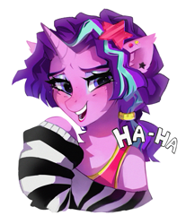 Size: 2400x2900 | Tagged: safe, artist:zlatavector, imported from derpibooru, starlight glimmer, pony, unicorn, 80s, 80s starlight glimmer, bust, collaboration:choose your starlight, laughing, makeup, noblewoman's laugh, outfit, simple background, smiling, solo, white background