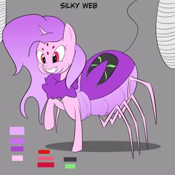 Size: 3000x3000 | Tagged: safe, artist:bestponies, imported from derpibooru, oc, oc only, oc:silky web, monster pony, original species, spider, spiderpony, cocoon, fangs, female, grin, horn, multiple eyes, reference sheet, smiling, spider web