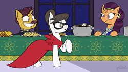 Size: 1280x720 | Tagged: safe, artist:inkshowdude, imported from derpibooru, coriander cumin, raven, saffron masala, pony, unicorn, canterlot, canterlot castle, fanfic art, female, glasses, grand galloping gala, hair bun, male, mare, red dress, stallion