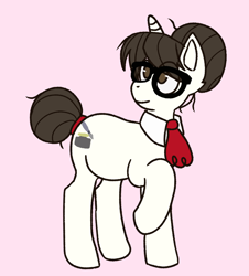 Size: 948x1050 | Tagged: safe, artist:inked-dee, imported from derpibooru, raven, pony, unicorn, ascot, eye clipping through hair, female, full body, glasses, hair bun, hooves, mare, messy mane, no pupils, pink background, raised hoof, simple background, smiling, solo, standing, tail