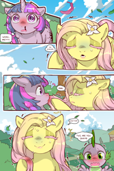 Size: 960x1440 | Tagged: safe, artist:cold-blooded-twilight, imported from derpibooru, fluttershy, spike, twilight sparkle, dragon, pegasus, pony, unicorn, cold blooded twilight, comic:cold storm, bleeding, blood, colored eyelashes, comic, dialogue, eyes closed, feather, female, flower, flower in hair, mare, nosebleed, open mouth, shaking, smiling, speech bubble, sweat, thought bubble, unicorn twilight, wavy mouth, wide hips