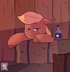 Size: 1134x1164 | Tagged: safe, artist:raph13th, imported from derpibooru, applejack, earth pony, pony, alcohol, barn, bottle, crying, hatless, hay, missing accessory, sad, solo, unhapplejack, whiskey