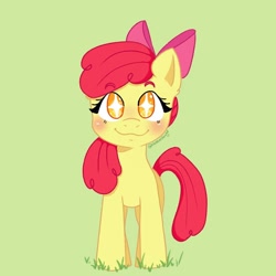 Size: 1080x1080 | Tagged: safe, artist:slobberdawgz, imported from derpibooru, apple bloom, earth pony, pony, :3, adorabloom, blushing, cute, eyebrows, eyebrows visible through hair, female, filly, foal, front view, grass, green background, hooves, looking at you, signature, simple background, smiling, solo, standing, starry eyes, tail, wingding eyes