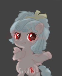 Size: 1080x1319 | Tagged: safe, artist:xichengyazhuiling, imported from derpibooru, cozy glow, pegasus, pony, female, filly, foal, gray background, grin, red eyes, simple background, smiling, solo