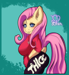 Size: 551x600 | Tagged: safe, artist:madjoker, imported from derpibooru, fluttershy, anthro, pegasus, blushing, breasts, busty fluttershy, clothes, dock, ear fluff, long hair, smiling, socks, solo, tail, thick, thigh highs, wide hips