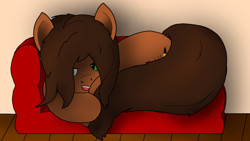 Size: 1920x1080 | Tagged: safe, artist:puginpocket, imported from derpibooru, oc, oc:scarfy bat-heart, earth pony, brown coat, brown mane, ears up, earth pony oc, female, green eyes, happy, lazy, long mane, lying down, mare, sleepy, solo