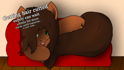 Size: 1920x1080 | Tagged: safe, artist:puginpocket, imported from derpibooru, oc, oc:scarfy bat-heart, earth pony, brown coat, brown mane, ears up, earth pony oc, female, green eyes, happy, lazy, long mane, lying down, mare, sleepy, solo, text