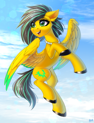 Size: 2900x3800 | Tagged: safe, artist:hakaina, imported from derpibooru, oc, oc only, oc:lightning bug, pegasus, pony, fanfic:song of seven, black mane, clothes, cyan eyes, fluffy, flying, full body, hooves, jewelry, necklace, pegasus oc, raised hoof, sky, sky background, slim, smiling, solo, spread wings, striped mane, wings