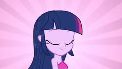 Size: 3410x1920 | Tagged: safe, imported from derpibooru, screencap, twilight sparkle, human, equestria girls, equestria girls (movie), bare shoulders, eyes closed, fall formal outfits, female, high res, sleeveless, smiling, solo, strapless, twilight ball dress