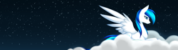 Size: 4200x1189 | Tagged: safe, artist:alphaaquilae, imported from derpibooru, oc, oc only, oc:shooting star, pegasus, pony, blue mane, cloud, digital art, digital painting, feathered wings, female, high res, mare, night, night sky, on a cloud, pegasus oc, profile, sitting, sitting on a cloud, sky, solo, spread wings, stars, white fur, widescreen, wings