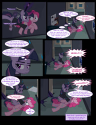 Size: 1042x1358 | Tagged: safe, artist:dendoctor, imported from derpibooru, mean twilight sparkle, pinkie pie, twilight sparkle, alicorn, earth pony, pony, comic:clone.., alternate universe, clone, clothes, comic, female, glowing, glowing horn, horn, injured, magic, pinkie clone, rain, twilight sparkle (alicorn)