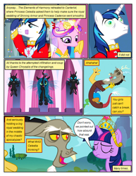 Size: 612x792 | Tagged: safe, edit, edited screencap, imported from derpibooru, screencap, discord, princess cadance, queen chrysalis, shining armor, twilight sparkle, alicorn, changeling, changeling queen, draconequus, dragon, pony, comic:friendship is dragons, a canterlot wedding, keep calm and flutter on, big crown thingy, bust, clothes, comic, element of magic, eyelashes, female, jewelry, laughing, male, mare, mind control, regalia, salute, screencap comic, stallion, unshorn fetlocks, wide eyes