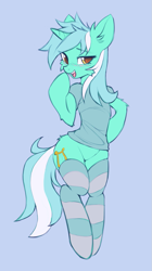 Size: 587x1048 | Tagged: safe, artist:fajeh, imported from derpibooru, lyra heartstrings, semi-anthro, unicorn, bedroom eyes, blue background, cheek fluff, clothes, cute, happy, lyrabetes, shirt, simple background, smiling, socks, solo, stockings, striped socks, thigh highs