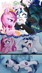 Size: 4000x7000 | Tagged: safe, artist:nekaneba, imported from derpibooru, princess cadance, princess luna, queen chrysalis, shining armor, alicorn, changeling, changeling queen, pony, unicorn, absurd resolution, bed, bisexual, cadalis, canterlot wedding 10th anniversary, chrysarmordance, commission, dream, female, husband and wife, infidelity, lesbian, male, moaning, oops, polyamory, shining armor is a goddamn moron, shining chrysalis, shiningcadance, shipping, sleeping, straight