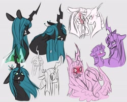 Size: 4096x3305 | Tagged: safe, artist:chub-wub, imported from derpibooru, princess cadance, princess celestia, queen chrysalis, twilight sparkle, alicorn, changeling, pony, blushing, cadalis, chryslestia, cute, eyes closed, fangs, female, grin, infidelity, lesbian, mare, shipping, sketch, sketch dump, smiling, twilight sparkle (alicorn), twisalis