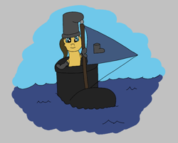 Size: 698x563 | Tagged: safe, oc, oc only, earth pony, pony, aggie.io, boat, bootleg, boots, female, hat, mare, sailing, shoes, simple background, sky, smiling, water