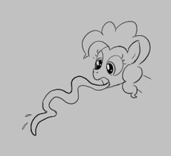 Size: 263x239 | Tagged: safe, artist:algoatall, pinkie pie, earth pony, pony, aggie.io, female, long tongue, lowres, mare, monochrome, open mouth, simple background, tongue out