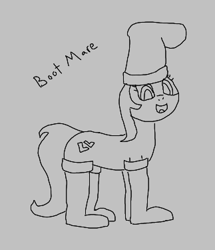 Size: 323x375 | Tagged: safe, oc, oc only, earth pony, pony, aggie.io, bootleg, boots, female, happy, hat, mare, monochrome, open mouth, shoes, simple background, smiling