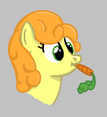 Size: 212x231 | Tagged: safe, carrot top, golden harvest, earth pony, pony, aggie.io, carrot, eating, female, food, lowres, mare, simple background, smiling