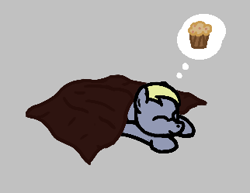 Size: 322x249 | Tagged: safe, derpy hooves, pony, aggie.io, blanket, dream, eyes closed, female, food, lowres, lying down, mare, muffin, simple background, sleeping