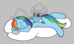 Size: 715x433 | Tagged: safe, alternate version, artist:algoatall, pinkie pie, rainbow dash, earth pony, pegasus, pony, aggie.io, cloud, eyes closed, female, licking, long tongue, lying down, mare, simple background, sleeping, smiling, tongue out