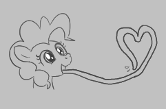 Size: 241x159 | Tagged: safe, artist:algoatall, pinkie pie, earth pony, pony, aggie.io, female, happy, heart, long tongue, lowres, mare, monochrome, open mouth, simple background, smiling, tongue out