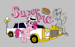 Size: 1113x703 | Tagged: safe, pinkie pie, earth pony, pony, aggie.io, balloon, car, clothes, female, food, hat, mare, open mouth, pie, race, simple background, smiling, talking