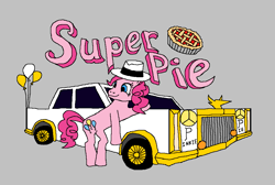 Size: 1017x685 | Tagged: safe, pinkie pie, earth pony, pony, aggie.io, balloon, car, female, food, hat, mare, pie, simple background, smiling