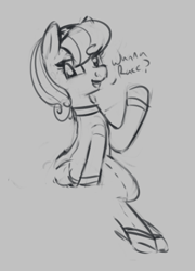 Size: 344x477 | Tagged: safe, earth pony, pony, aggie.io, clothes, female, mare, monochrome, open mouth, race, raised hoof, simple background, sitting, smiling, talking