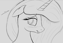 Size: 820x561 | Tagged: safe, artist:enonnnymous, princess celestia, alicorn, pony, female, floppy ears, heart eyes, looking back, mare, monochrome, open mouth, smiling, wingding eyes, wip