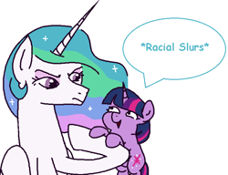 Size: 720x554 | Tagged: safe, artist:anonymous, princess celestia, twilight sparkle, alicorn, pony, unicorn, drawthread, female, frown, implied vulgar, mare, open mouth, simple background, smiling, twiggles, unicorn twilight