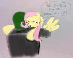 Size: 1802x1438 | Tagged: safe, artist:anonymous, fluttershy, oc, oc:anon, pegasus, pony, drawthread, eyes closed, female, hug, mare, medication, open mouth, simple background, smiling, spread wings, talking, wings