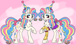 Size: 2000x1200 | Tagged: safe, artist:mechanakal, imported from derpibooru, oc, oc only, oc:wishful, earth pony, pony, bow, chest fluff, clothes, curly mane, earth pony oc, eyebrows, eyebrows visible through hair, eyeshadow, fluffy, hat, makeup, party hat, raised hoof, reference sheet, simple background, smiling, solo, unshorn fetlocks, vest