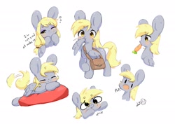 Size: 2048x1448 | Tagged: safe, artist:bubbletea, imported from derpibooru, derpy hooves, pegasus, pony, bag, big ears, blushing, carrot, cute, derpabetes, eyes closed, eyeshadow, female, food, herbivore, impossibly large ears, makeup, mare, nom, open mouth, pillow, pop cat, raised hoof, saddle bag, simple background, solo, tail, tail wag, upsies, white background