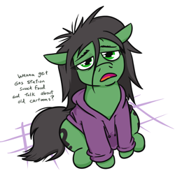 Size: 542x538 | Tagged: safe, artist:jargon scott, imported from derpibooru, oc, oc only, oc:anon-mare, earth pony, pony, clothes, dialogue, floppy ears, frown, hoodie, lidded eyes, looking at you, looking up, looking up at you, open mouth, simple background, solo, talking to viewer, white background