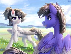 Size: 4096x3117 | Tagged: safe, artist:hakaina, imported from derpibooru, oc, oc only, pegasus, pony, concave belly, duo, fluffy, folded wings, mountain, mountain range, scenery, sky, slim, thin, wings