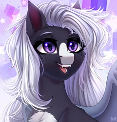 Size: 2500x2600 | Tagged: safe, artist:hakaina, imported from derpibooru, oc, oc only, bat pony, pony, bat pony oc, black coat, blaze (coat marking), bust, chest fluff, coat markings, colored eyebrows, facial markings, fangs, female, mare, open mouth, pale belly, solo, violet eyes, white belly, white mane