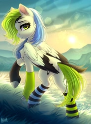 Size: 2500x3400 | Tagged: safe, artist:hakaina, imported from derpibooru, oc, oc only, pegasus, pony, backlighting, butt, chest fluff, clothes, fluffy, plot, raised hoof, raised leg, slim, socks, solo, striped socks, sun