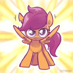 Size: 2048x2048 | Tagged: safe, artist:pfeffaroo, imported from derpibooru, scootaloo, pegasus, pony, abstract background, female, filly, floppy ears, foal, looking at you, motion lines, signature, smiling, smirk, solo, spread wings, the cmc's cutie marks, torn ear, wings