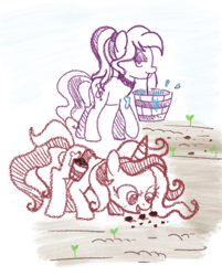 Size: 568x707 | Tagged: safe, artist:redpalette, imported from derpibooru, oc, oc only, oc:red palette, oc:violet ray, earth pony, pony, unicorn, bedroom eyes, bucket, butt, duo, earth pony oc, farm, horn, plant, plants, plot, seeds, sketch, unicorn oc, working