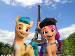 Size: 1920x1440 | Tagged: safe, artist:a-new-generation-in-real-life fan, imported from derpibooru, hitch trailblazer, sunny starscout, earth pony, pony, bag, beret, duo, eiffel tower, female, france, g5, hat, irl, looking at you, male, mare, my little pony: a new generation, open mouth, open smile, paris, photo, ponies in real life, saddle bag, smiling, stallion, story included