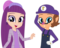 Size: 1233x999 | Tagged: safe, artist:leah2007, artist:user15432, imported from derpibooru, human, equestria girls, barely eqg related, base used, clothes, crossover, dress, duo, ear piercing, earring, equestria girls style, equestria girls-ified, gloves, hand on hip, jewelry, looking at you, not pony related, open mouth, overalls, piercing, purple dress, rainbow high, shirt, simple background, super mario bros., sweater, undershirt, violet willow, waluigi, waluigi's hat, white background