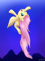 Size: 880x1200 | Tagged: safe, artist:empyu, imported from derpibooru, fluttershy, pegasus, pony, flying, looking at you, looking back, looking back at you, one eye closed, open mouth, open smile, smiling, solo, upside down