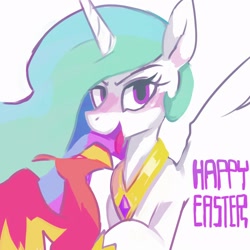 Size: 1250x1250 | Tagged: safe, artist:baigak, imported from derpibooru, philomena, princess celestia, alicorn, phoenix, pony, blushing, duo, easter, female, happy easter, holiday, mare, open mouth, open smile, simple background, smiling, spread wings, tongue out, white background, wings