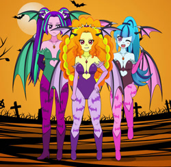 Size: 905x883 | Tagged: safe, artist:megatoon1234, imported from derpibooru, adagio dazzle, aria blaze, sonata dusk, bat, human, equestria girls, bat wings, blush sticker, blushing, boots, clothes, cosplay, costume, darkstalkers, gloves, grin, high heel boots, horn, jewelry, kisekae, leotard, necklace, one eye closed, open mouth, open smile, shoes, smiling, the dazzlings, trio, wings, wink