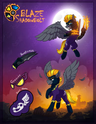 Size: 3882x5014 | Tagged: safe, artist:helmie-art, imported from derpibooru, oc, oc only, oc:blaze (shadowbolt), pegasus, pony, clothes, costume, reference sheet, shadowbolts, shadowbolts costume, solo
