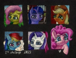 Size: 2478x1877 | Tagged: safe, artist:myzanil, imported from derpibooru, applejack, fluttershy, pinkie pie, rainbow dash, rarity, twilight sparkle, earth pony, pegasus, pony, unicorn, barn, book, bookshelf, breaking the fourth wall, bust, cloud, colored pencil drawing, curtains, looking at you, looking sideways, mane six, portrait, sky, smiling, text, traditional art, unicorn twilight, vine