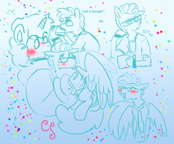 Size: 1430x1188 | Tagged: safe, artist:cutiesparke, imported from derpibooru, feather flatterfly, oc, oc:chocolate panini, anthro, pegasus, pony, unicorn, anthro with ponies, blue background, blushing, bracelet, burger, clothes, eating, flustered, food, glasses, holding a pony, jewelry, male, necktie, shirt, simple background, stallion, wings