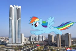 Size: 800x533 | Tagged: safe, artist:starryshineviolet, edit, imported from derpibooru, rainbow dash, pegasus, pony, female, giant pony, giantess, highrise ponies, irl, macro, mare, north korea, photo, ponies in real life, pyongyang, solo