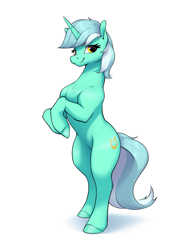 Size: 2413x3200 | Tagged: safe, artist:aquaticvibes, imported from derpibooru, lyra heartstrings, pony, unicorn, bipedal, female, mare, simple background, smiling, solo, white background